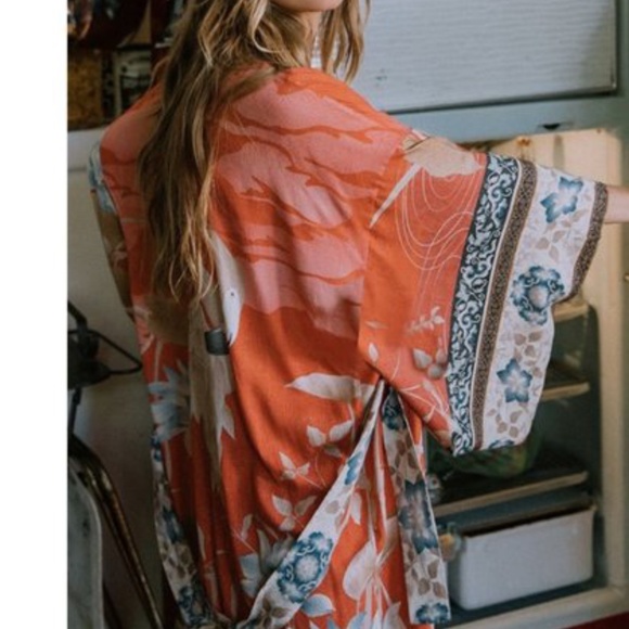 Boho Gypsy Red Floral Belted Kimono Cover up - Picture 3 of 7